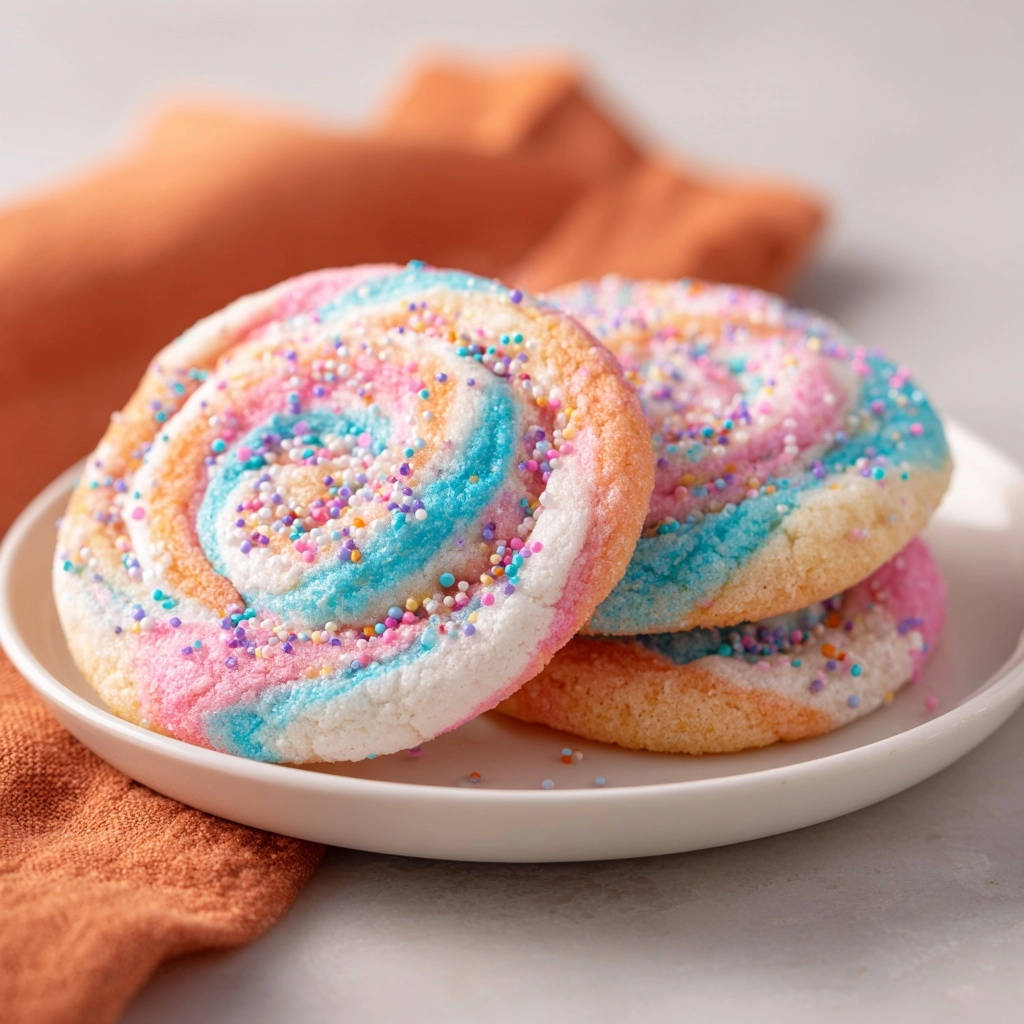 Magische Einhorn-Swirl-Kekse, bunte Spiralen mit Zuckerstreuseln, Nahaufnahme auf einem Teller.