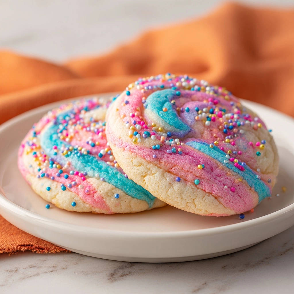 Magische Einhorn-Swirl-Kekse, zwei bunte Kekse mit Zuckerguss und Streuseln auf einem weißen Teller angerichtet.