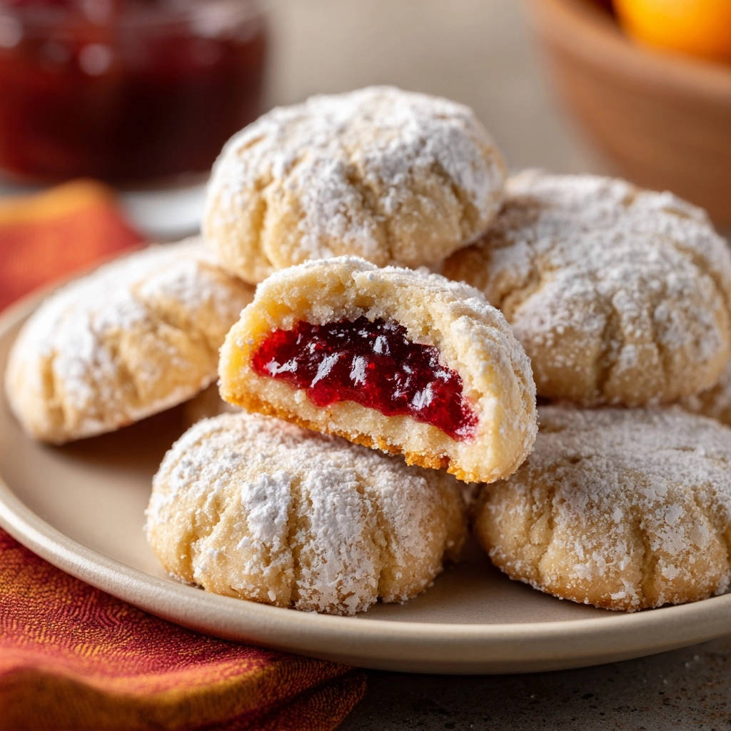 Marmeladen-Küsschen vom Blech angeschnitten, die zeigen die saftige Füllung aus roter Marmelade und den Mürbeteig.