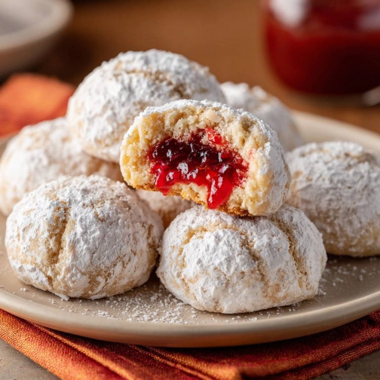 Marmeladen-Küsschen vom Blech angeschnitten, die saftige rote Marmeladenfüllung ist gut sichtbar.