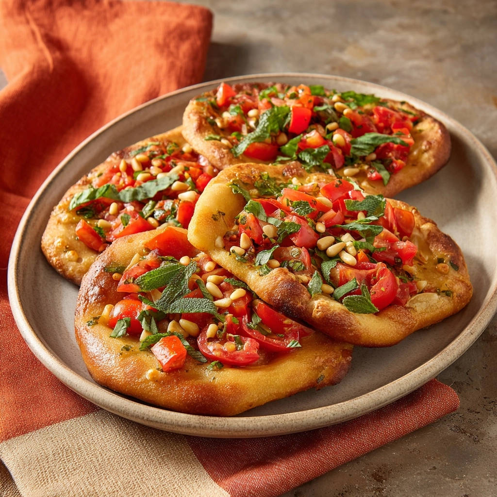 Mediterrane Mini-Fladenbrote mit frischen Tomaten, Pinienkernen und Kräutern als Nahaufnahme des Belags.