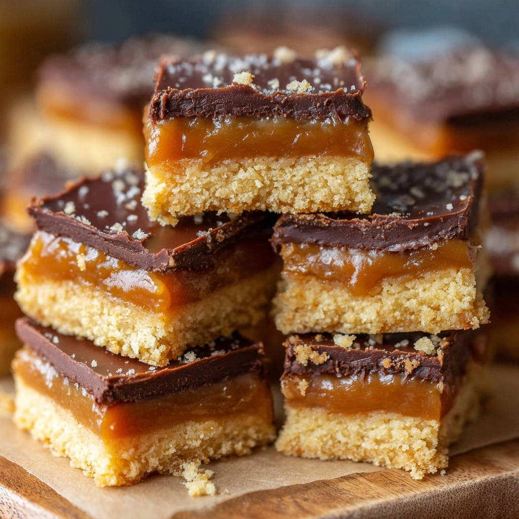 Millionaires Shortbread Deluxe als angeschnittene Stücke mit Schokolade und Karamell übereinander gestapelt.
