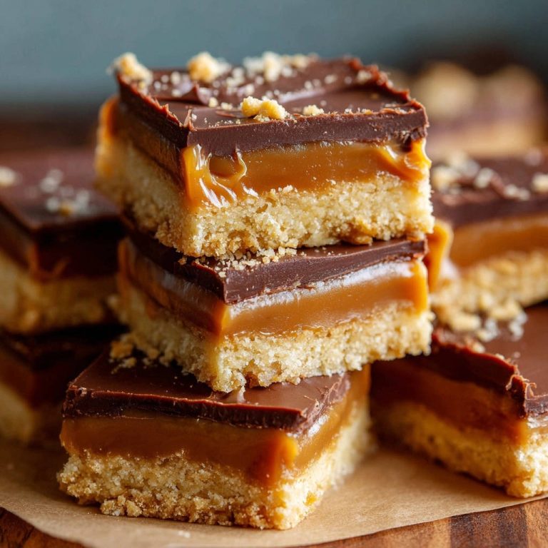 Millionaire’s Shortbread Deluxe als gestapelte Schokoladen-Karamell-Riegel mit Nahaufnahme der einzelnen Schichten.