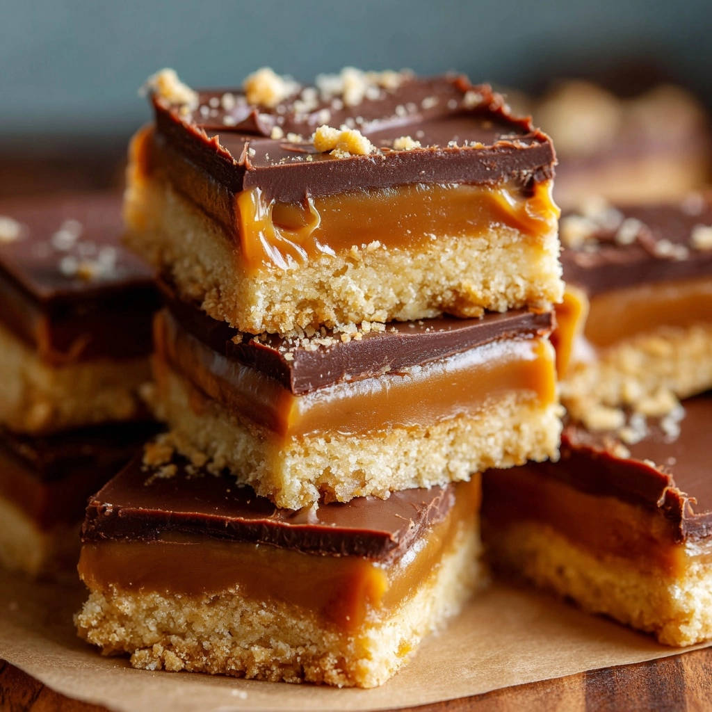 Millionaire’s Shortbread Deluxe als gestapelte Schokoladen-Karamell-Riegel mit Nahaufnahme der einzelnen Schichten.