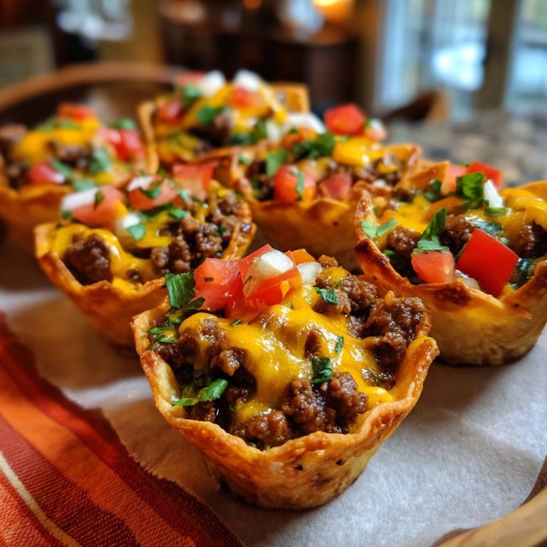 Mini Taco-Cups Deluxe mit geschmolzenem Käse und frischen Tomaten, Nahaufnahme der knusprigen Hülle und Füllung.