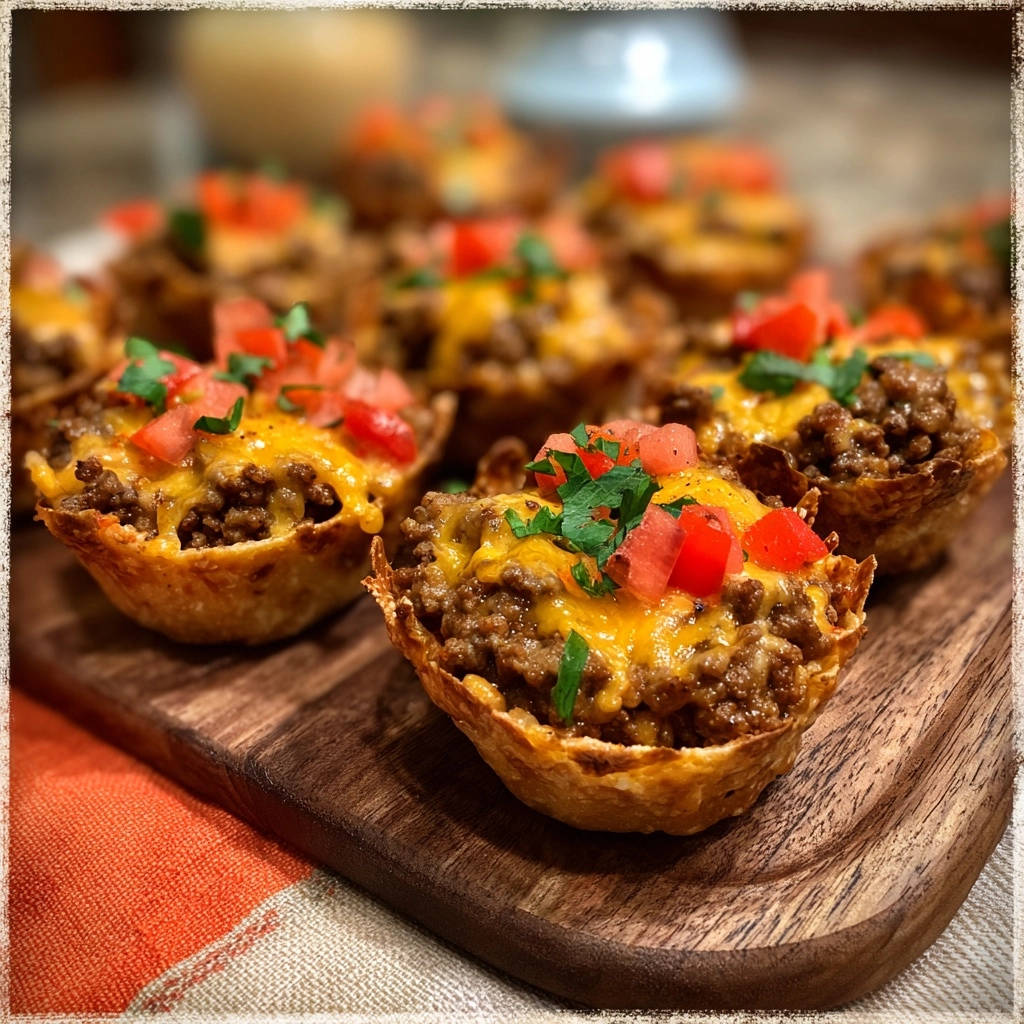 Mini Taco-Cups Deluxe nahaufnahme mit frischen Tomaten und Petersilie garniert auf einem Holzbrett serviert