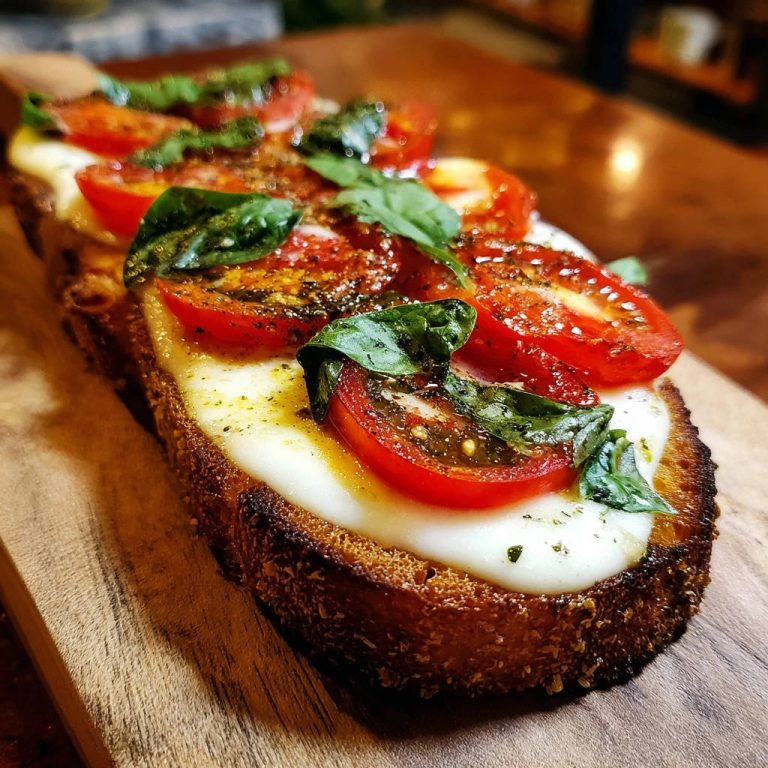 Knuspriges Mozzarella-Tomaten-Brot als Nahaufnahme mit frischem Basilikum garniert auf einem Holzbrett serviert.