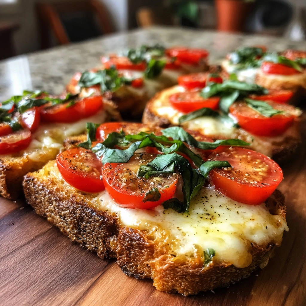 Knuspriges Mozzarella-Tomaten-Brot mit frischem Basilikum, Nahaufnahme der gebackenen Brotscheiben mit geschmolzenem Käse und Kirschtomaten.