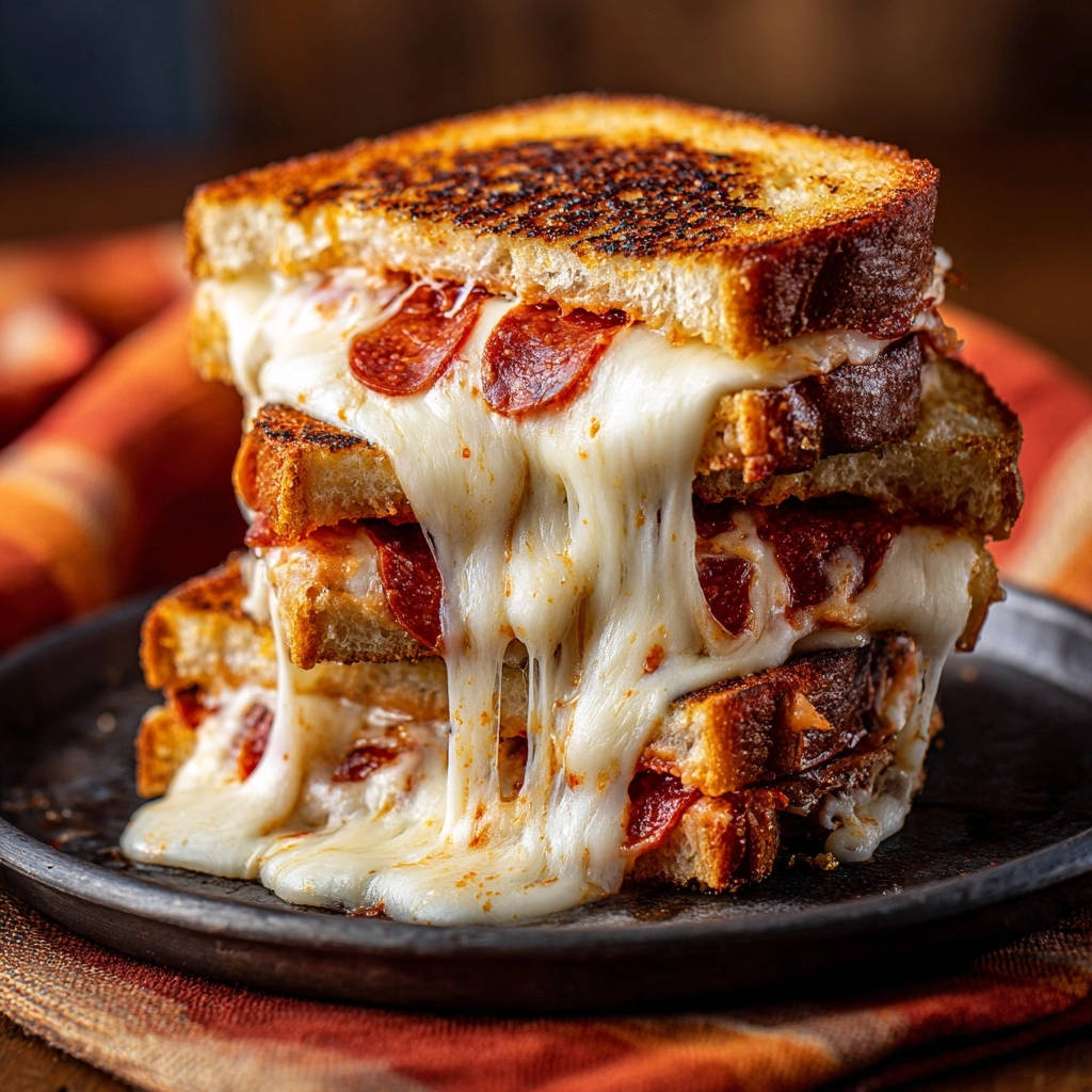 Pizza-Toast á la Chef mit goldbraunem Toast, geschmolzenem Käse und Pepperoni, Nahaufnahme der Käsefäden