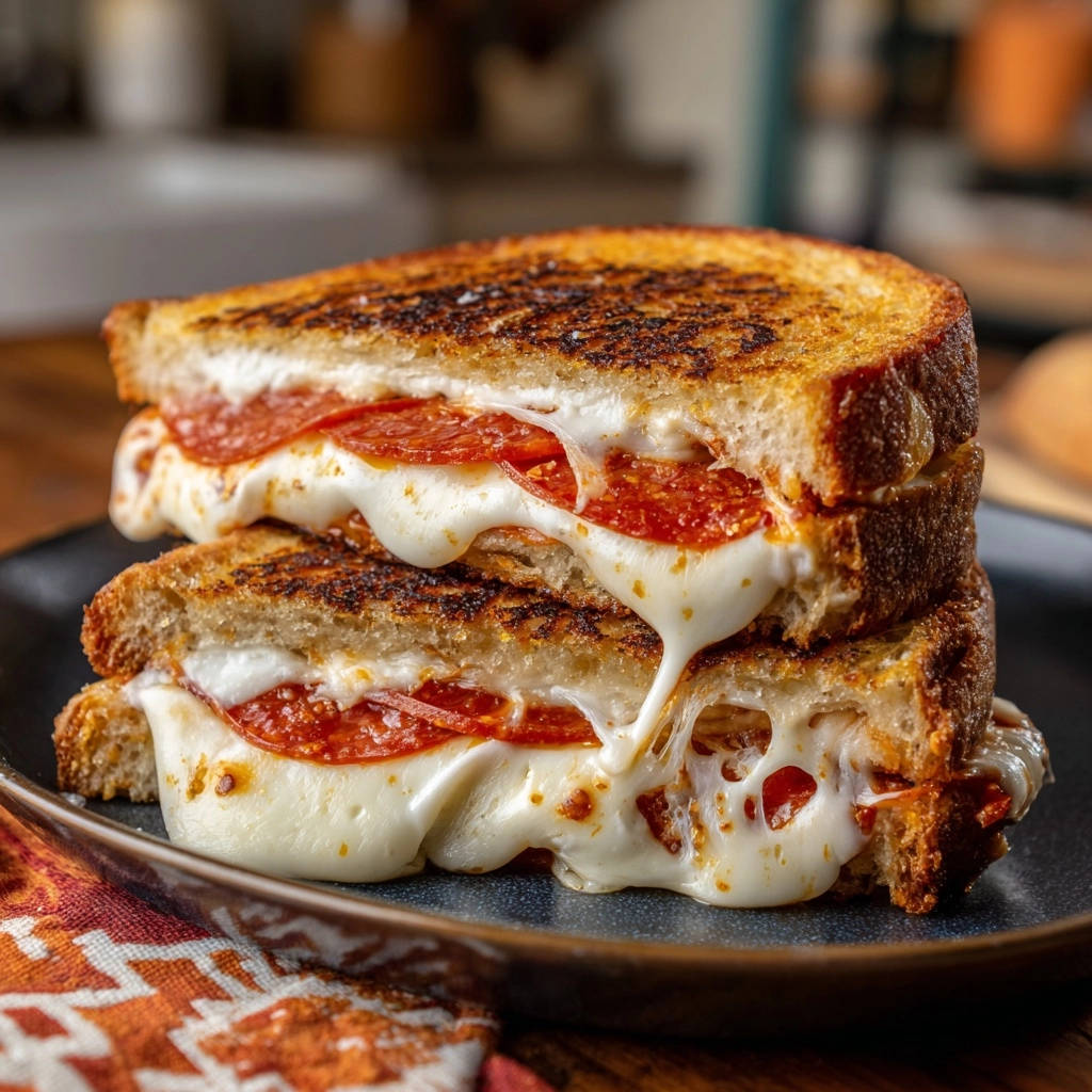Pizza-Toast á la Chef goldbraun gegrillt mit geschmolzenem Käse und Salamischeiben im Anschnitt präsentiert