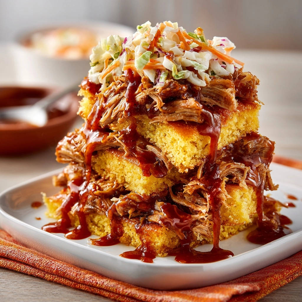 Saftige Pulled Beef Cornbread Stacks mit üppiger BBQ-Sauce, die über die geschichteten Maisbrotstücke tropft