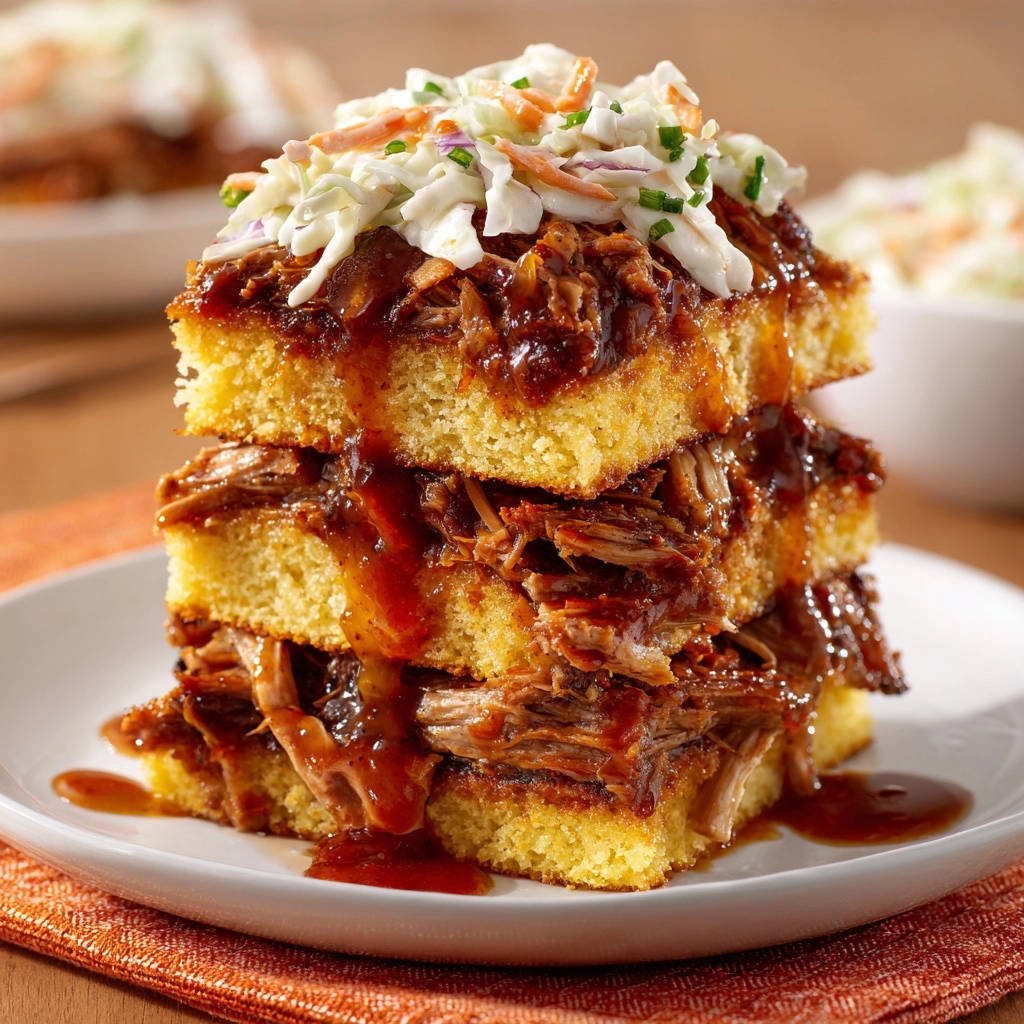 Saftige Pulled Beef Cornbread Stacks zart geschichtet und mit Coleslaw garniert auf einem Teller serviert