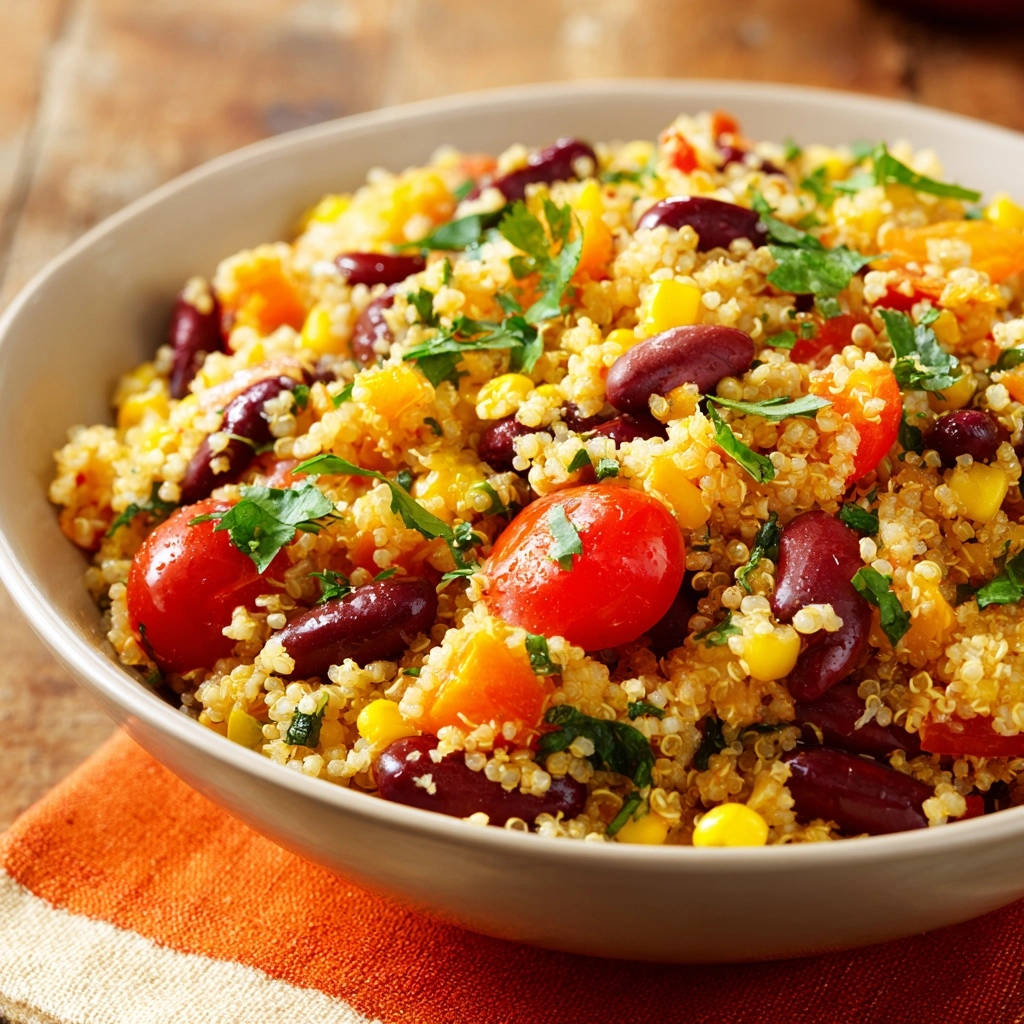 Quinoa-Salat mit Bohnen und Mais als Nahaufnahme, garniert mit frischer Petersilie und Kirschtomaten.
