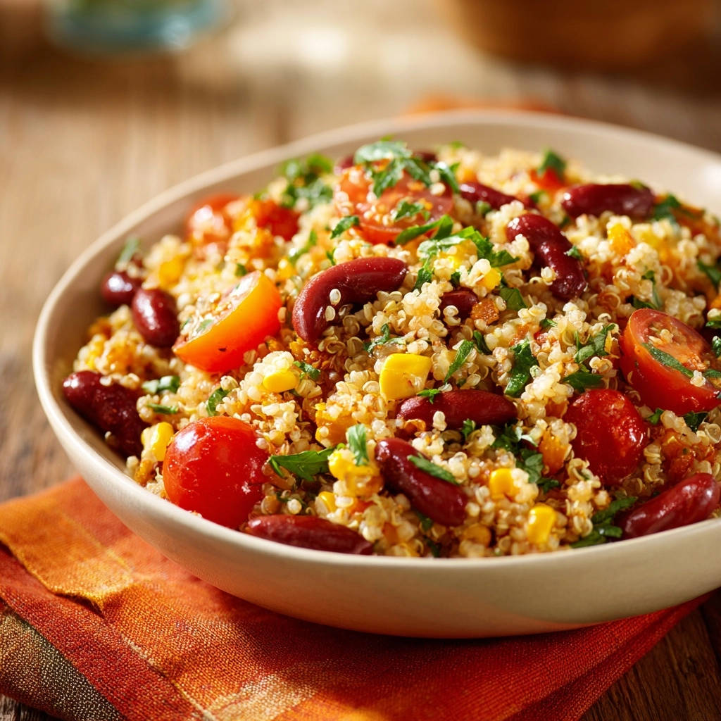Quinoa-Salat mit Bohnen und Mais als Nahaufnahme mit Kirschtomaten und frischer Petersilie garniert