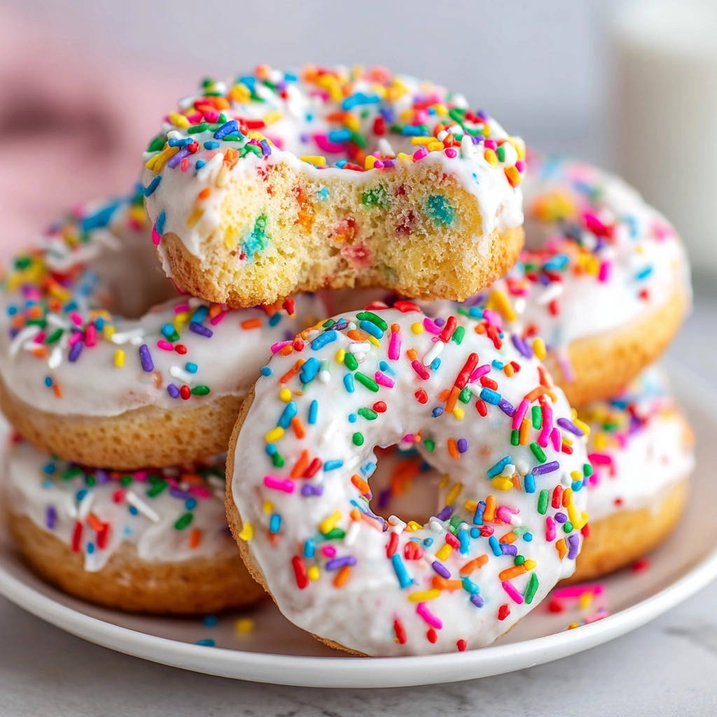 Perfekte Regenbogen-Donuts angeschnitten mit bunter Innenansicht und Zuckerguss mit Streuseln.