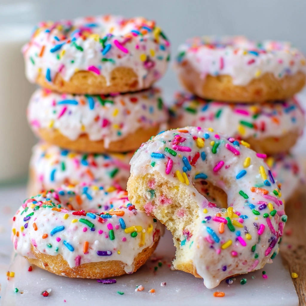 Perfekte Regenbogen-Donuts angeschnitten, die luftige Textur und bunte Streusel im Inneren zeigend.