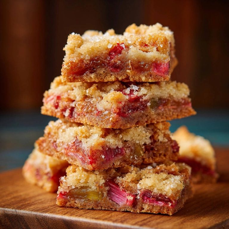 Saftige Rhabarber-Streusel-Schnitten als Nahaufnahme gestapelt auf einem Holzbrett, die Schichten sind deutlich sichtbar.