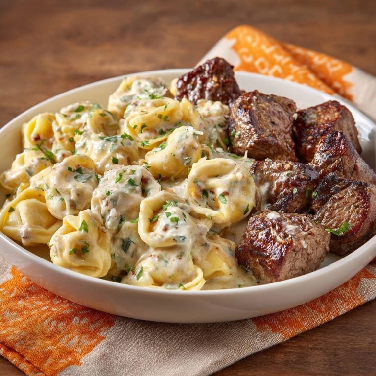 Saftige Rinderfilet-Würfel mit cremigen Tortellini in einer reichhaltigen Sauce, Nahaufnahme des Gerichts.