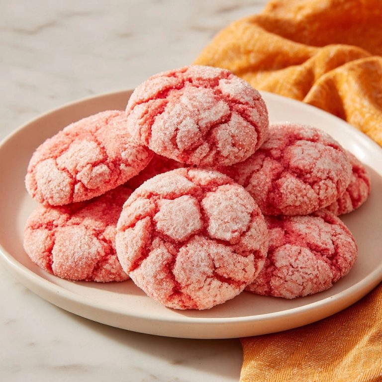 Rosa Crinkle-Kekse mit einer detailreichen, rissigen und mit Zucker bestreuten Oberfläche auf einem Teller gestapelt.