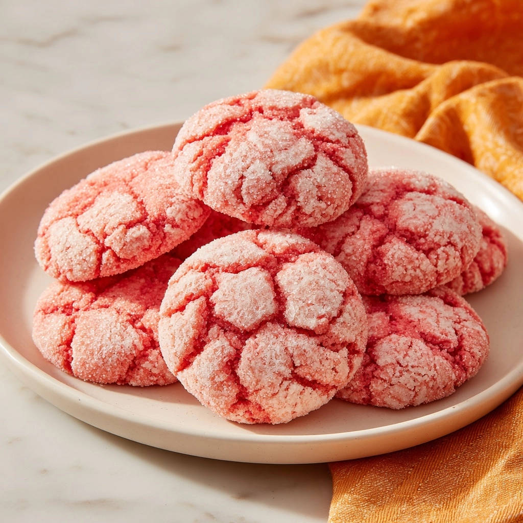 Rosa Crinkle-Kekse mit einer detailreichen, rissigen und mit Zucker bestreuten Oberfläche auf einem Teller gestapelt.