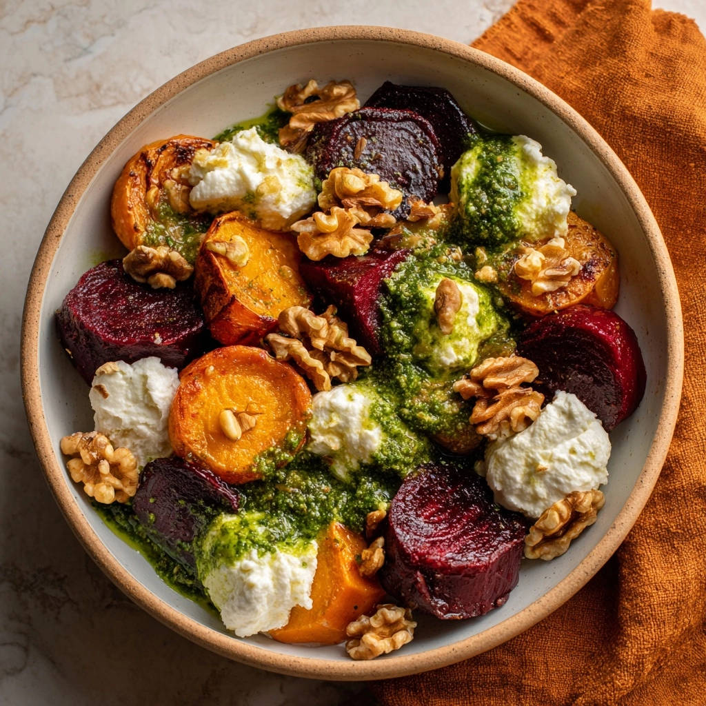 Farbenfroher Rote Bete Salat mit Ziegenkäse, Nüssen und Kräuterdressing, von oben in einer Schüssel angerichtet.