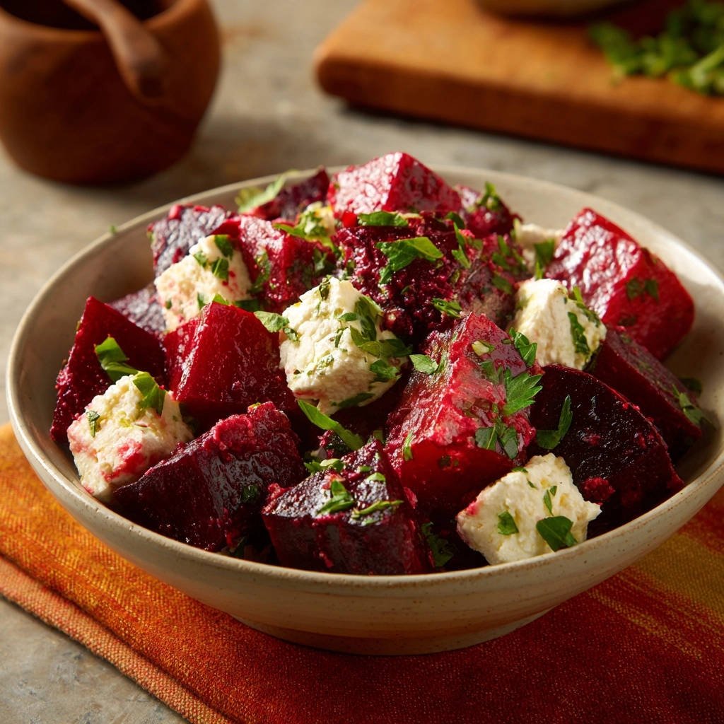 Rote Bete Salat mit Feta, ein herzhafter Salat mit gewürfeltem Feta und frischer Petersilie garniert.