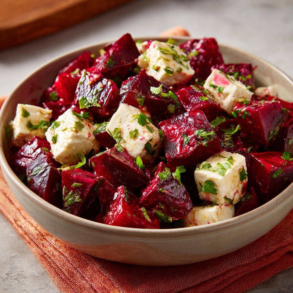 Rote Bete Salat mit Feta, ein Gericht mit Würfeln aus Roter Bete und Feta, garniert mit Petersilie in einer Schüssel.