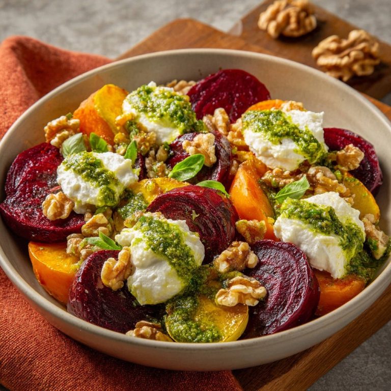 Farbenfroher Rote Bete Salat mit Ziegenkäse und Pesto, nah aufgenommen mit detailreicher Ansicht der Zutaten.
