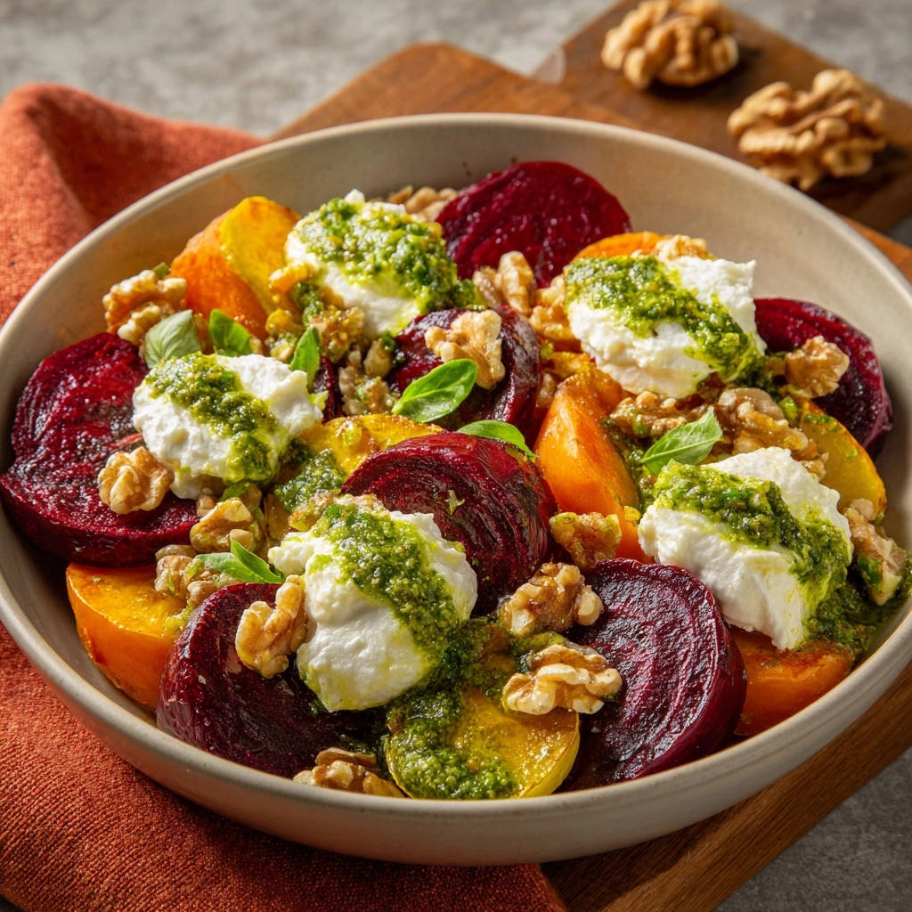 Farbenfroher Rote Bete Salat mit Ziegenkäse und Pesto, nah aufgenommen mit detailreicher Ansicht der Zutaten.