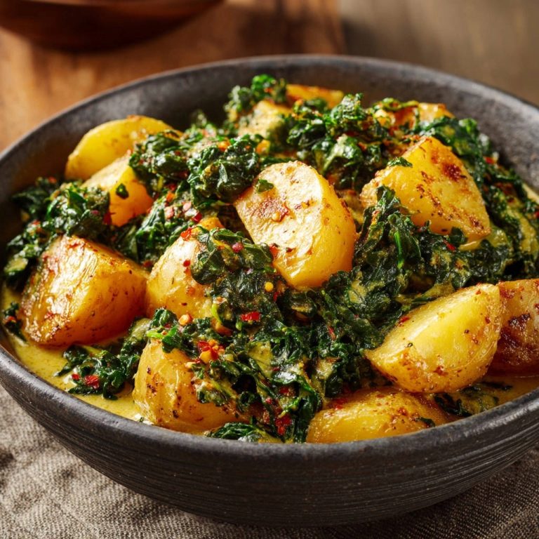 Herzhafte Grünkohl-Kartoffelpfanne als Nahaufnahme mit cremiger Sauce und roten Chiliflocken, die die Textur hervorheben.
