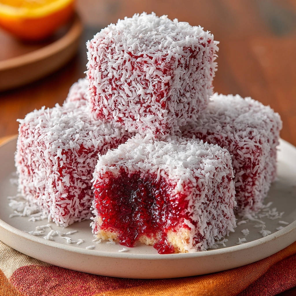 Saftige Beeren-Lamingtons angeschnitten auf einem Teller, mit dem tiefroten Beerengelee im Inneren sichtbar.