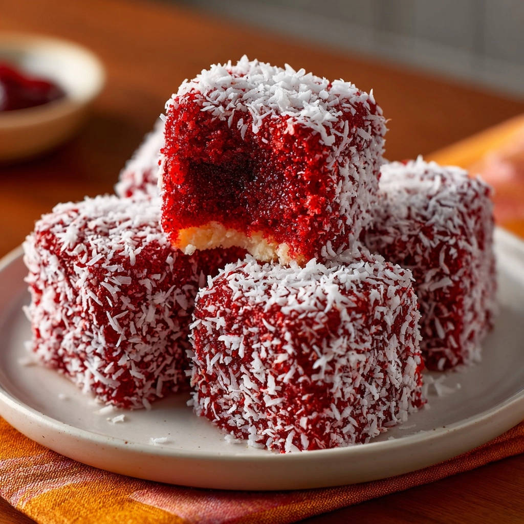 Saftige Beeren-Lamingtons angeschnitten auf einem Teller, mit Kokosraspeln bestreut und sichtbarem roten Kern.