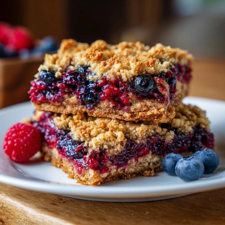 Saftige Beeren-Streusel-Schnitten als Nahaufnahme gestapelt auf einem Teller mit frischen Beeren auf der Seite.
