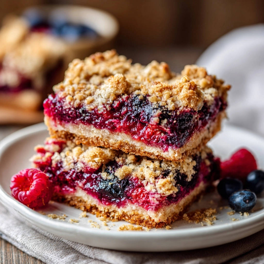 Saftige Beeren-Streusel-Schnitten im Querschnitt, die die Schichten aus Mürbeteig, fruchtiger Beerenschicht und knusprigem Streuselbelag zeigen.
