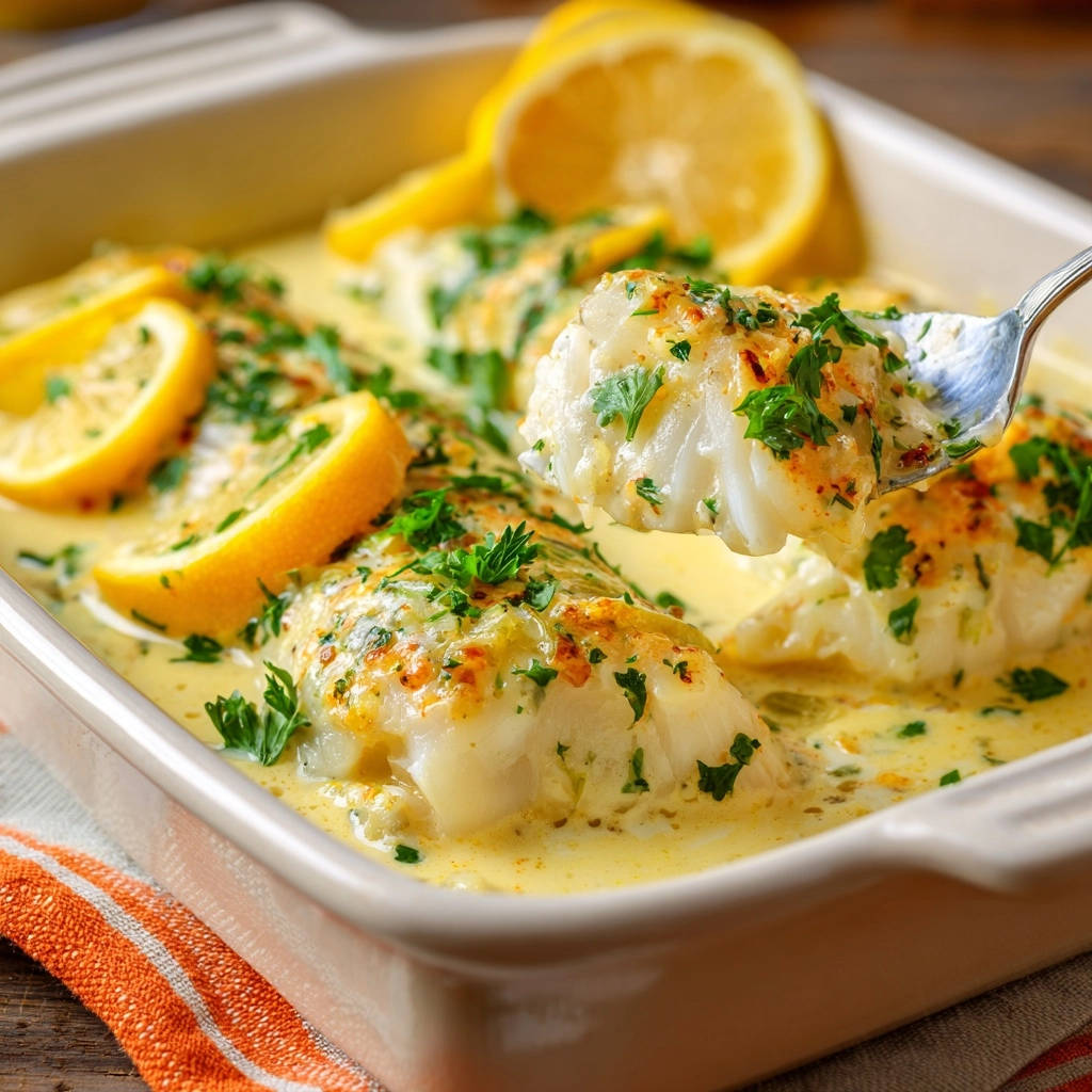 Saftiges Zitronen-Fischfilet aus dem Ofen wird mit einer Gabel aus der Auflaufform gehoben, garniert mit Zitrone und Petersilie.