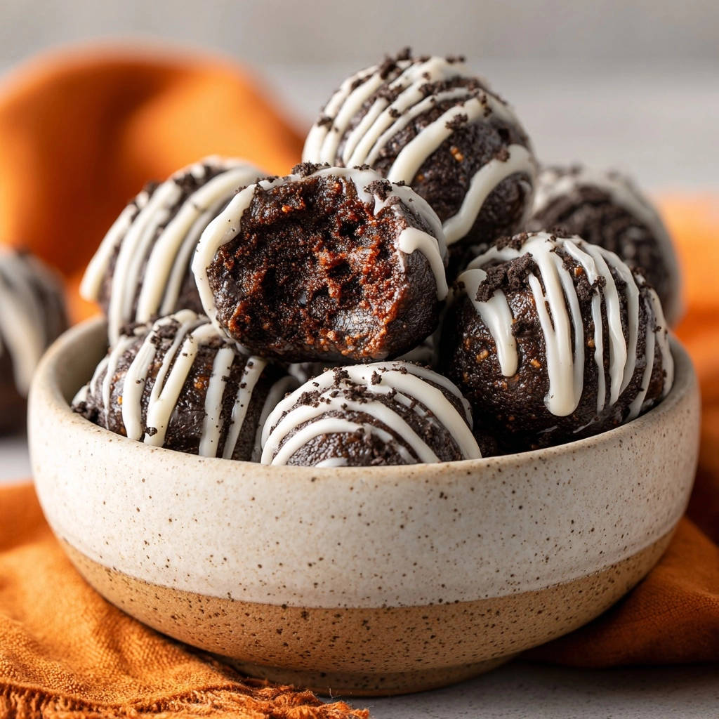 Schoko-Cookie-Kugeln sind in einer Schüssel mit einem angeschnittenen Exemplar, das die saftige Krume zeigt.