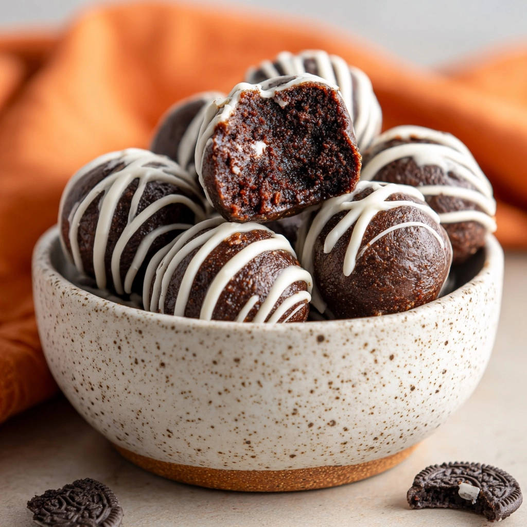 Schoko-Cookie-Kugeln als angeschnittene Kugel mit sichtbarer saftiger Schokoladenmasse und weißem Zuckerguss-Muster.