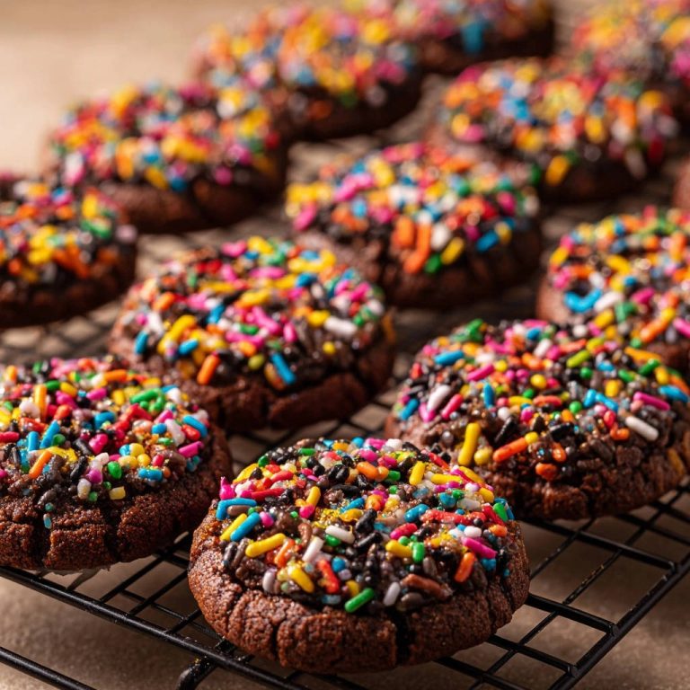 Saftige Schoko-Streusel-Cookies auf einem schwarzen Kuehlgitter mit vielen bunten Streuseln, frisch gebacken und bereit zum Geniessen.