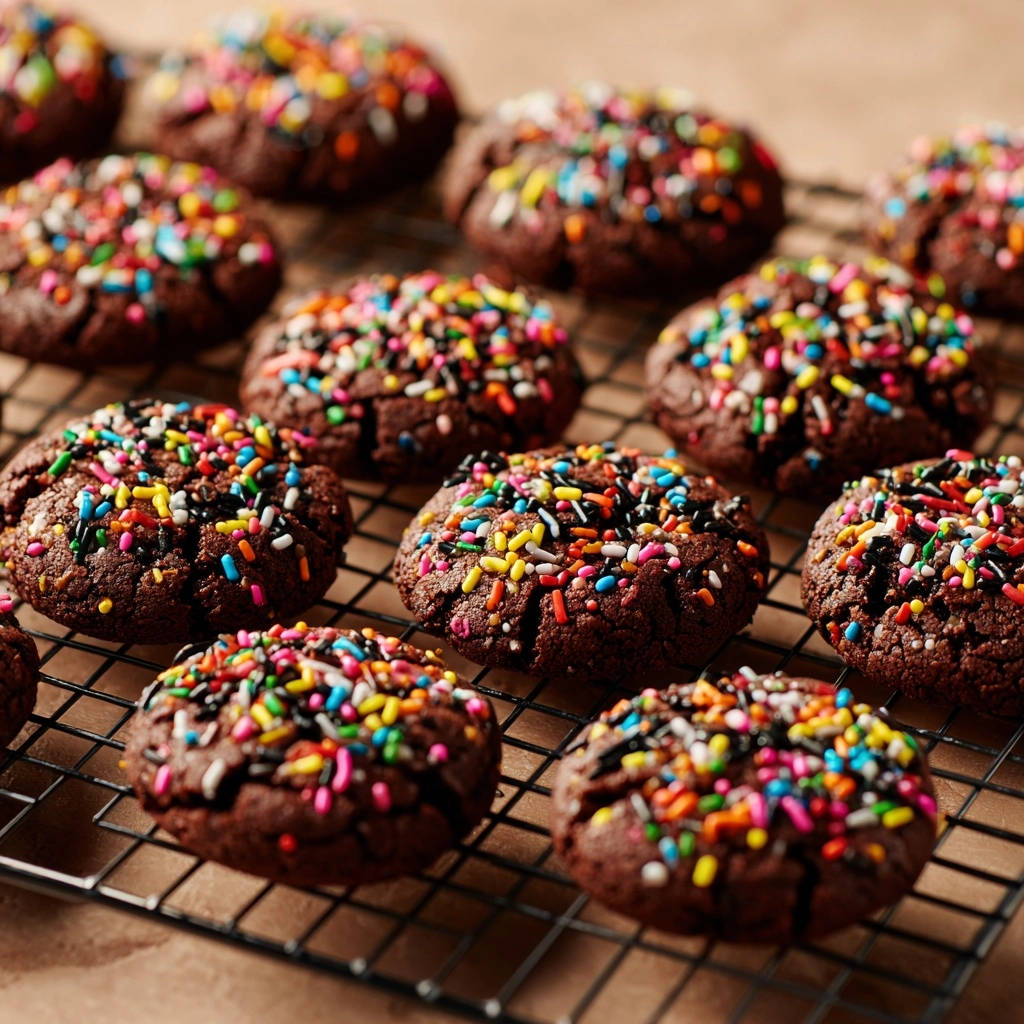 Saftige Schoko-Streusel-Cookies sind auf einem Gitter zum Abkühlen angeordnet und mit bunten Streuseln bedeckt.