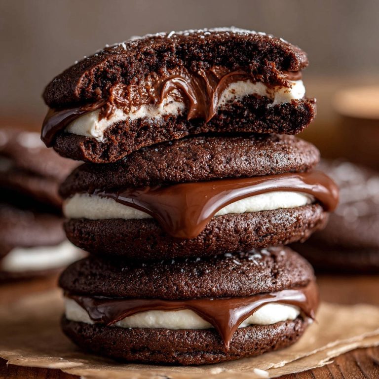 Saftige Schoko-Whoopie Pies gestapelt und angeschnitten, mit cremiger Füllung und Schokoladenglasur.