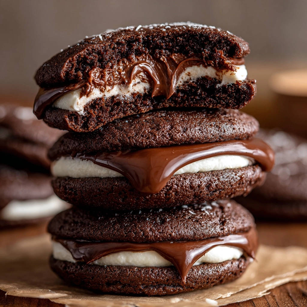 Saftige Schoko-Whoopie Pies gestapelt und angeschnitten, mit cremiger Füllung und Schokoladenglasur.