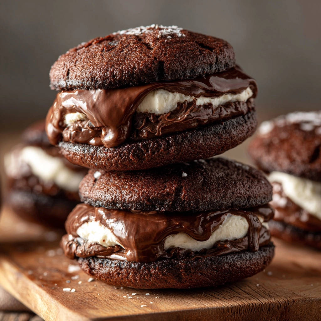 Saftige Schoko-Whoopie Pies, gestapelt und mit cremigem Schokoladen-Topping übergossen auf einem Holzbrett