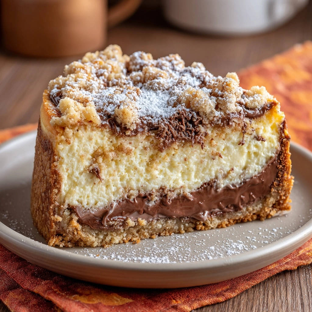 Schokoladen-Streusel-Creme-Kuchen angeschnitten auf einem Teller, mit einem cremigen Schokoladenkern und Streuseldecke.