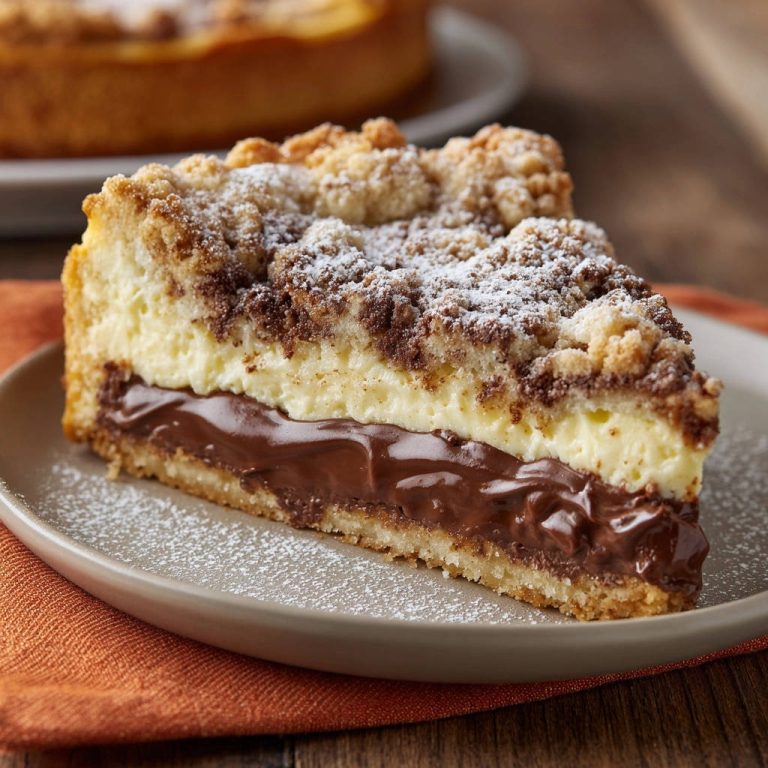 Schokoladen-Streusel-Creme-Kuchen angeschnitten mit einer dicken Schicht geschmolzener Nutella-Creme und luftigem Käsekuchen.