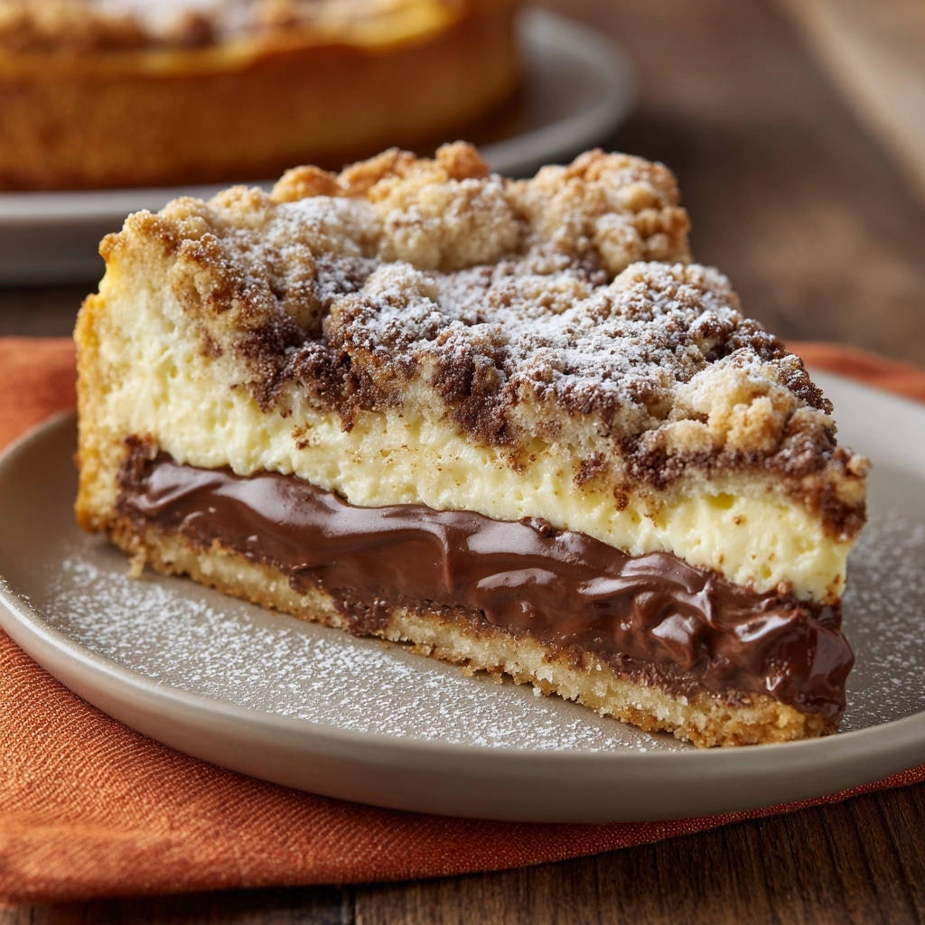 Schokoladen-Streusel-Creme-Kuchen angeschnitten mit einer dicken Schicht geschmolzener Nutella-Creme und luftigem Käsekuchen.