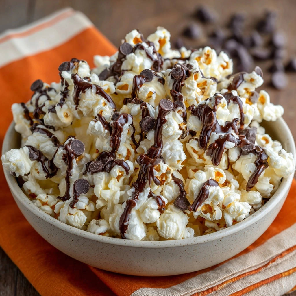 Schokopopcorn Deluxe mit Schokoladensauce und Schokostückchen, garniert in einer Schüssel