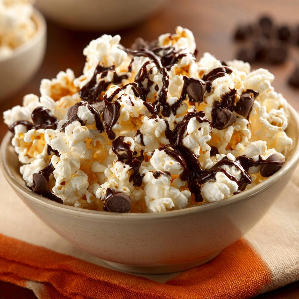Schokopopcorn Deluxe mit zarter Schokoladensauce und Schokostückchen in einer Schüssel, nahaufnahme.