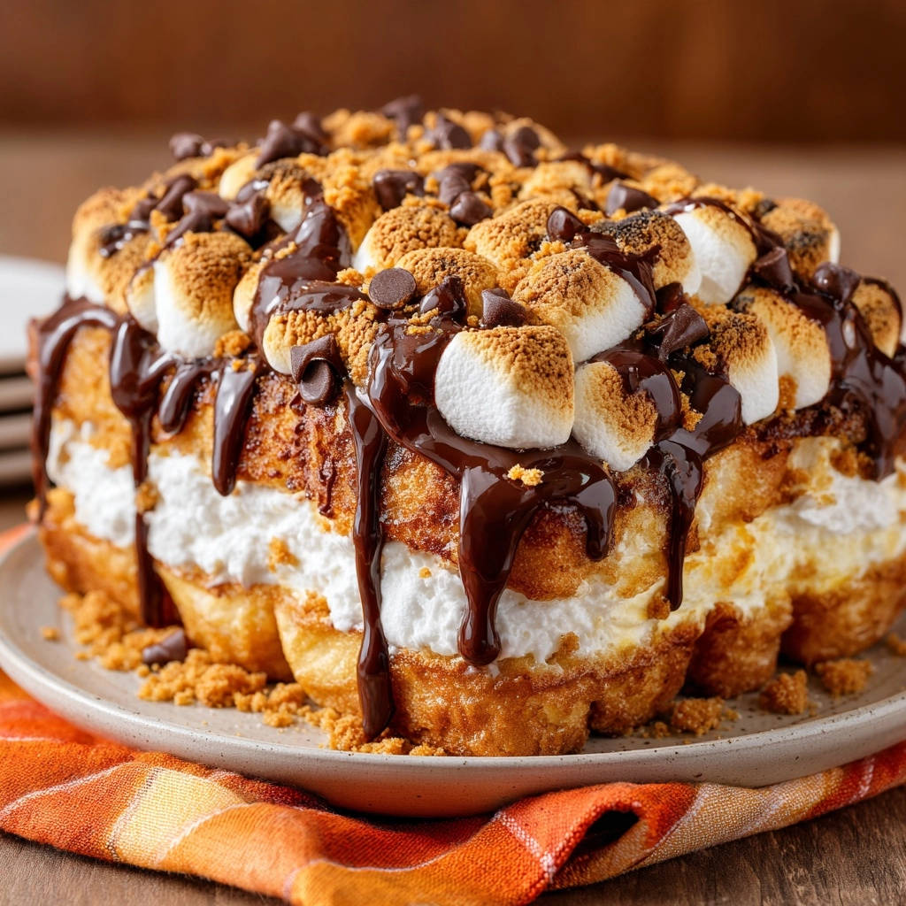 S’mores Pull-Apart Gebäck mit geschmolzenen Marshmallows, Schokoladensauce und Keksbröseln, detailliert garniert.