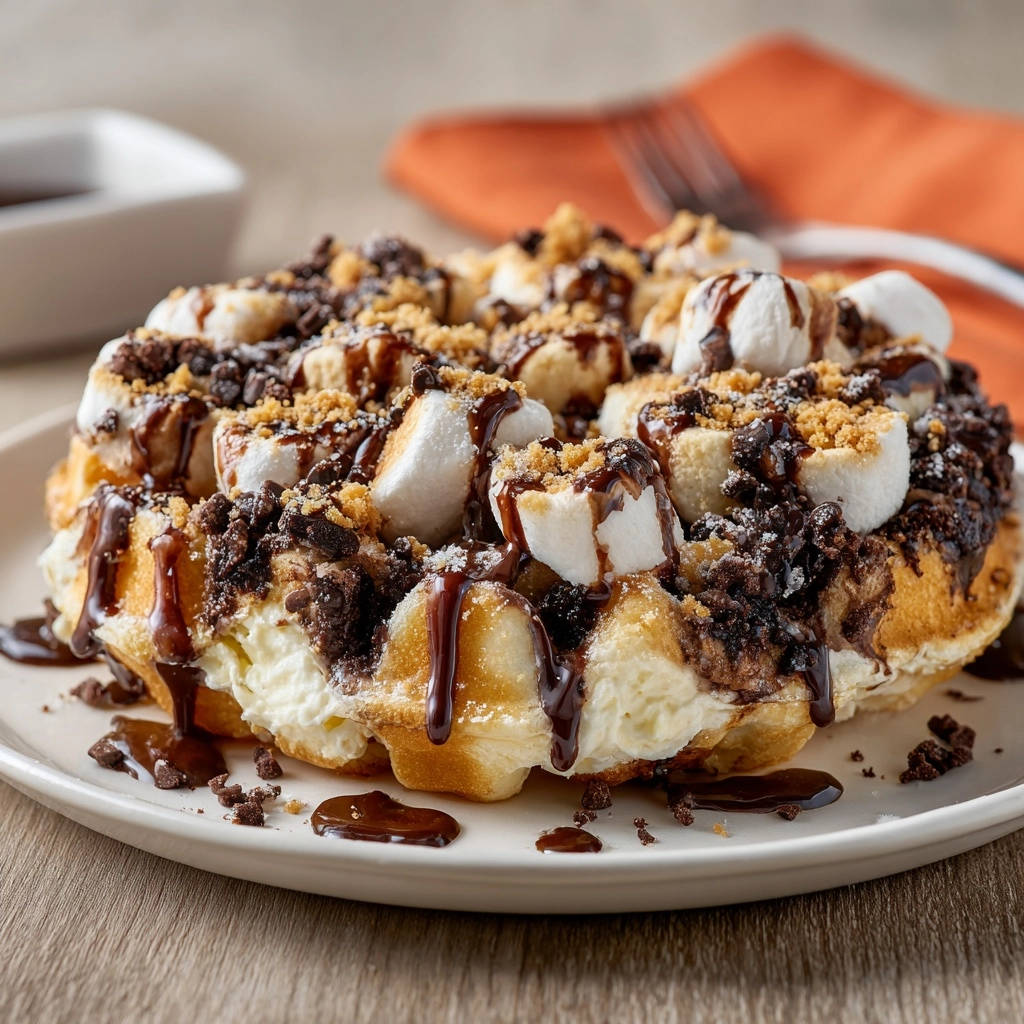 S'mores Pull-Apart Gebäck mit geschmolzenen Marshmallows, Bananen und Schokoladensauce, nahaufnahme auf einem Teller.
