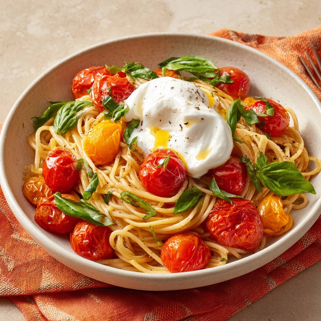 Spaghetti mit gerösteten Kirschtomaten, Basilikum und pochiertem Ei, nahaufnahme mit flüssigem Eigelb